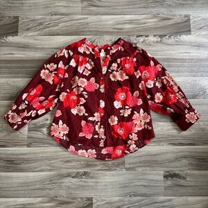 Anthropologie Porridge Bold Red Floral Puff Sleeve Cotton Button Down Blouse M
